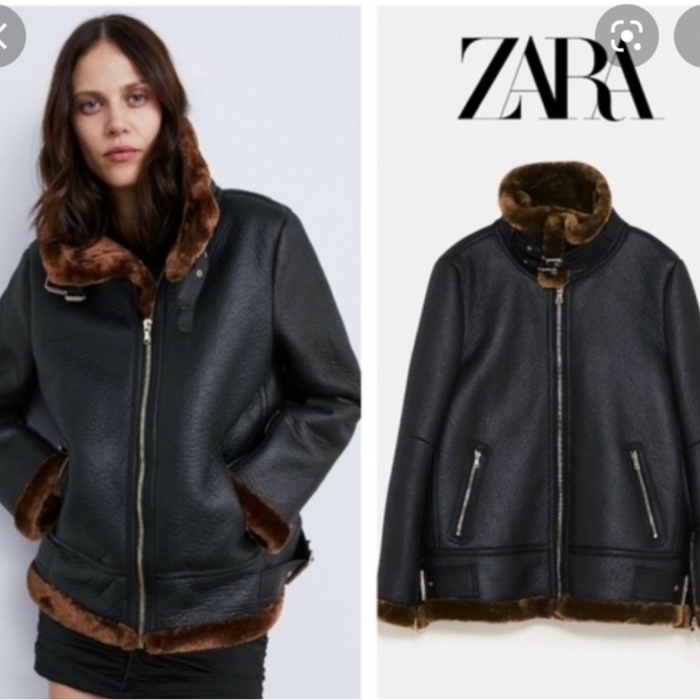 Zara Black and Brown Leather Bomber Jacket with Fur Trim